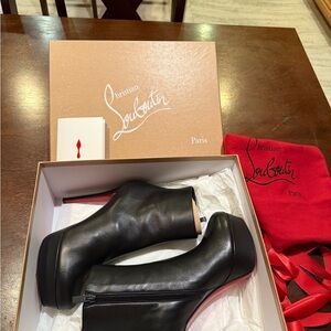 Christian Louboutin Black Leather Platform Ankle Booties with Red Sole